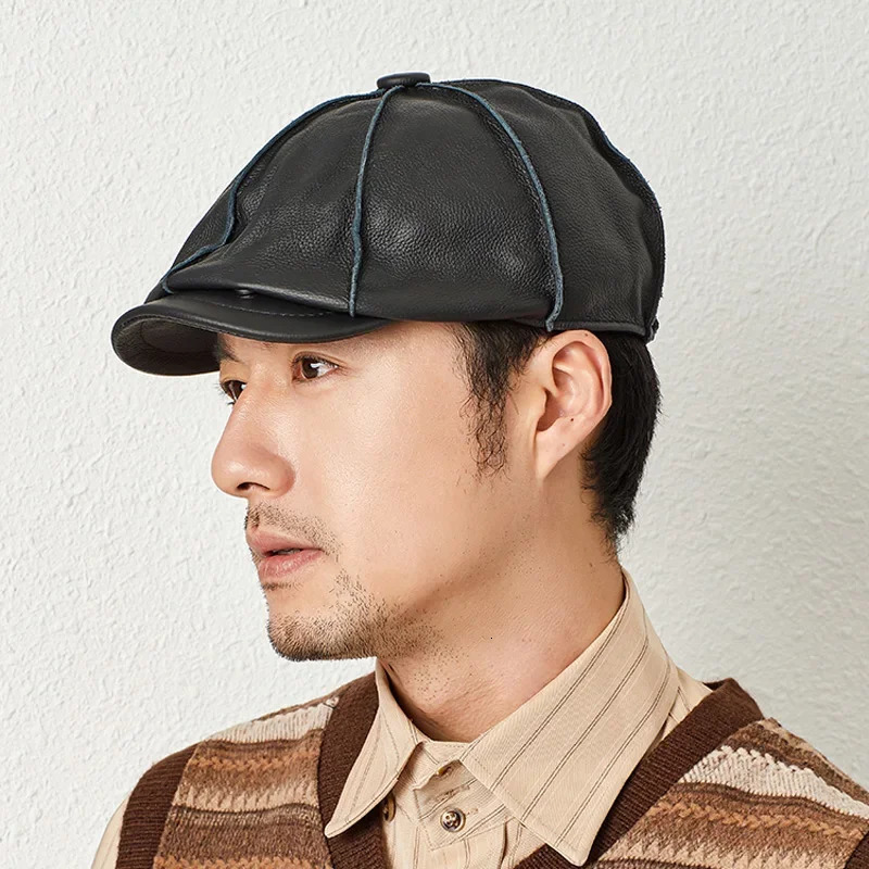 Casquette Genuine Leather Beret Hat Winter Mens Cowhide Leather Elegant Fashion Student Tongue Cap Caps For Driver 251104