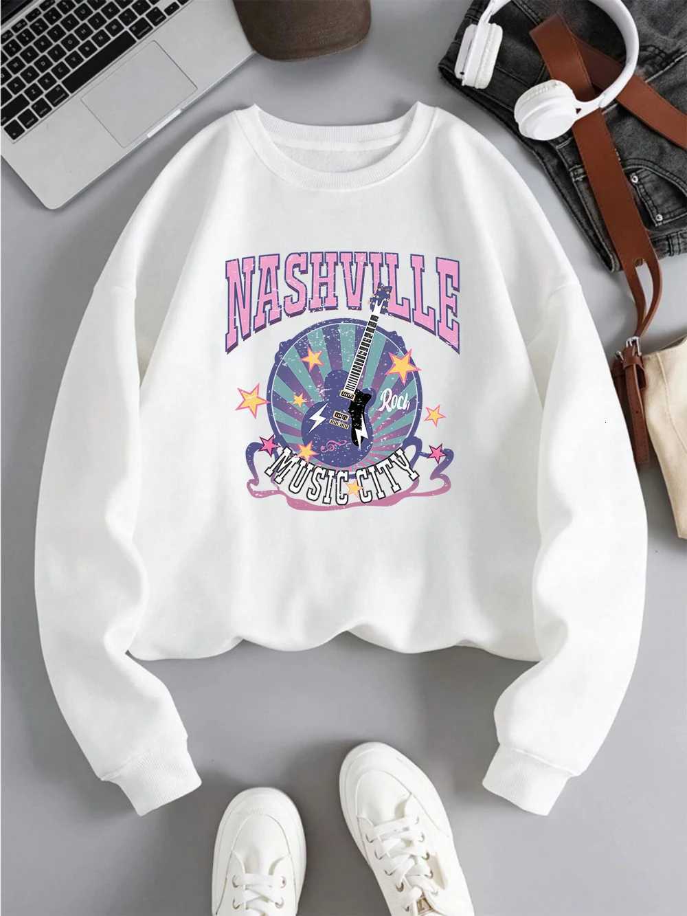 Street Woman Pullover Nashville Music Cith Poster Printing Hoodie Crewneck Loose Fleece Soft Sweatshirt Autumn Female ClothesT251105
