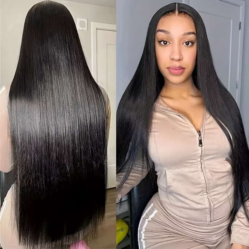 Brazilian Virgin Human Straight Front 13X4 HD 180% Density Glueless For - Pre-Plucked With Baby Natural Black, Full Lace Versatile Wig, Sleek Hair Wig