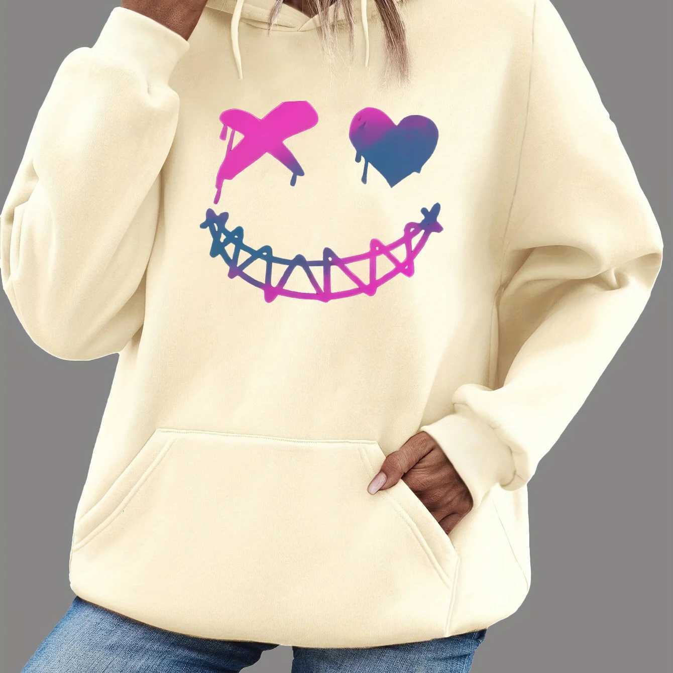 Womens autumn and winter fashionable casual loose smiling face printed round neck long sleeved drawstring hooded pulloverT251105