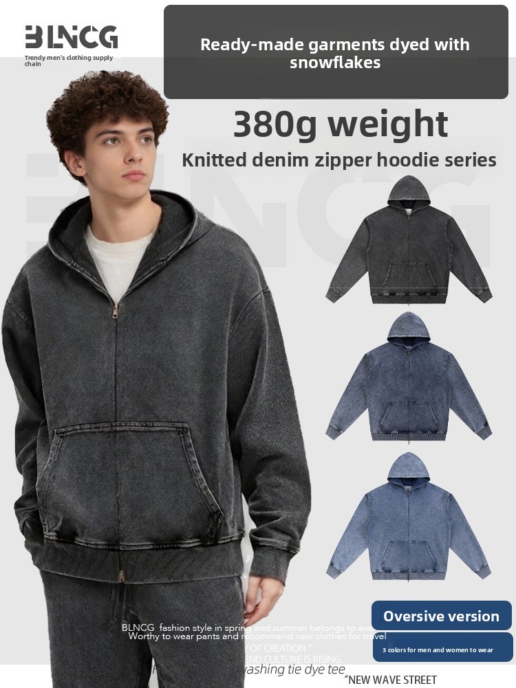 BLNCG Men's Washed Retro Zip - Up Hoodie, Distressed Vintage Style, Customizable Oversize Fit, Ideal for Streetwear Enthusiasts-KB-02