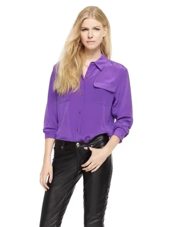 39 Colors Option Draped Sand-washed Mulberry Silk Shirt Women Blouse Classic Double-pockets Solid Color Long-sleeved Silk Shirt 250402