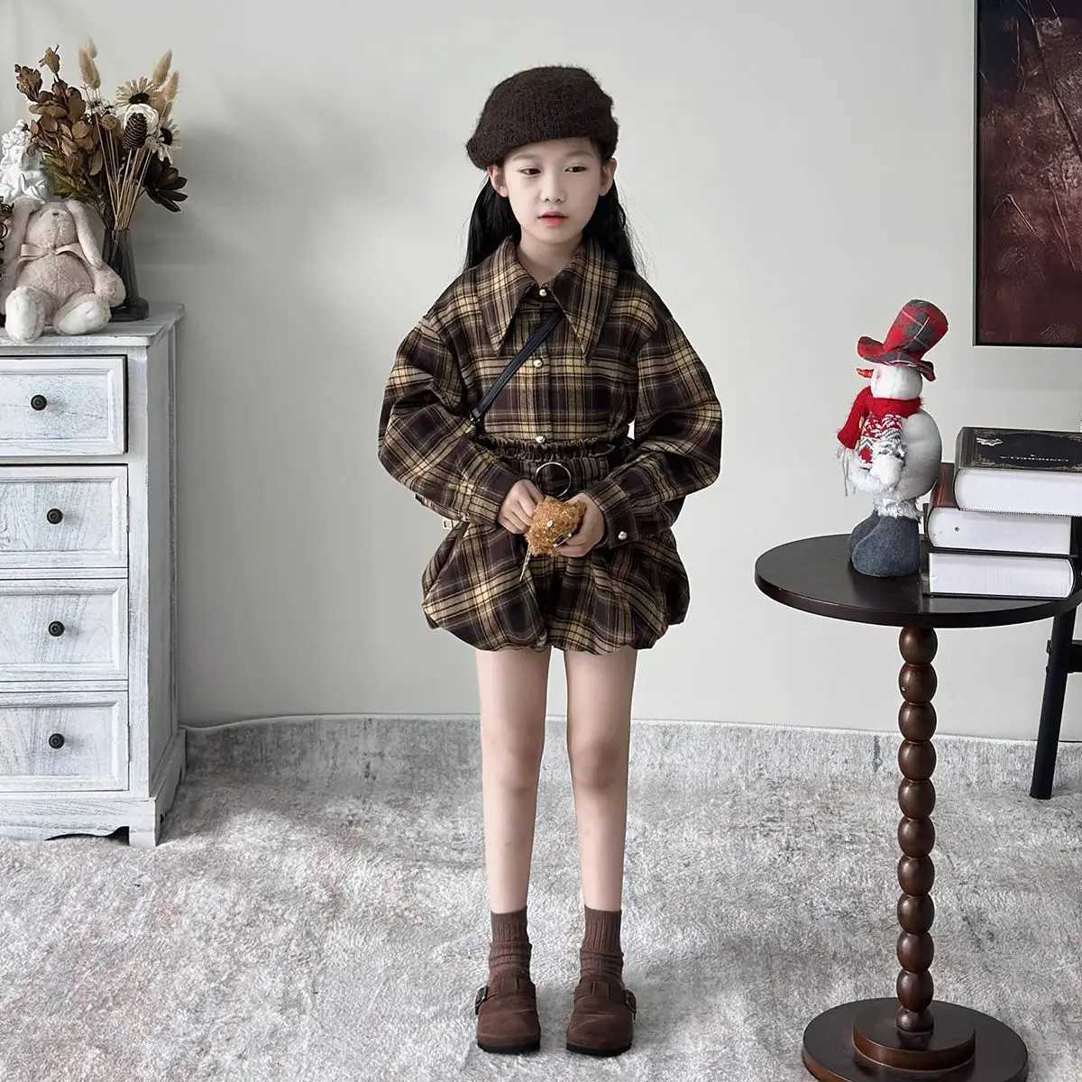 Girls Suit 2025 Autumn New Childrens Clothing Korean Girl Baby Plingham Lapel Long-sleeved Shirt Flower Bud Shorts Two Sets Y251105