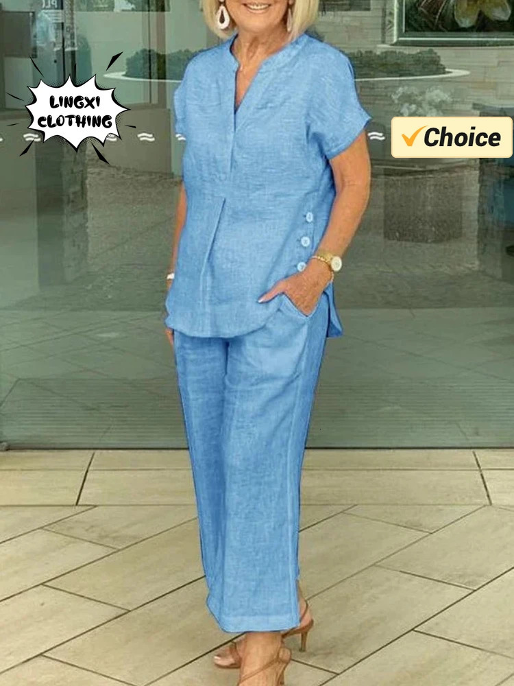 Summer fashion womens matching series V-neck short sleeved top elastic waist wide leg pants cotton linen two-piece set 250401