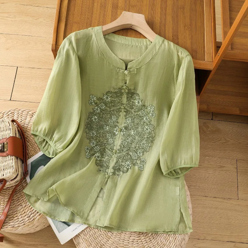 Embroidery Chinese Style Women Blouses Summer Cotto Linen Tops Loose Short Sleeve Clothing Sales V-neck Korean Womens Shirts 250402