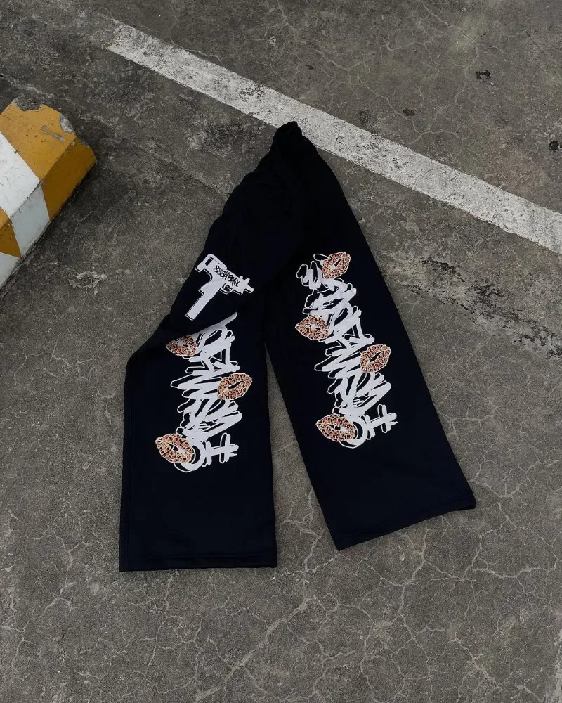 Harajuku Retro Fashion Printed Trouser Mens Y2k Gothic Trendy High Street Casual Loose High Waist Oversized Pants Womens 250402