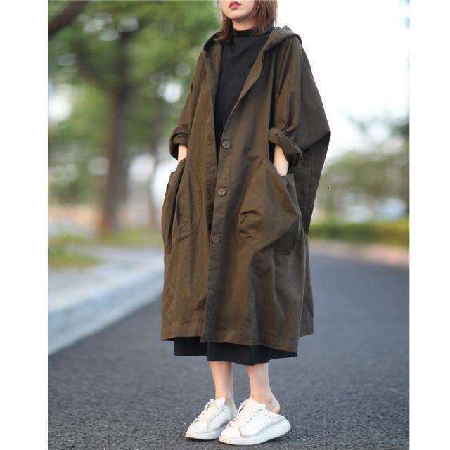 Loose Plus Size Batwing Sleeve Over-The-Knee Long Coat With Large Pockets For Women, Hooded Commuter Spring And Autumn Casual Overcoat B5