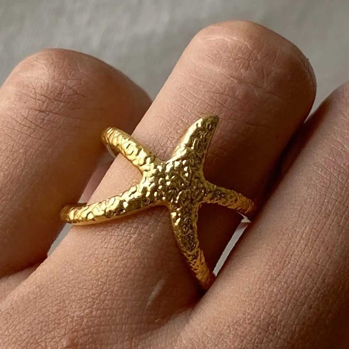 LATS Beach Style Stainless Steel Starfish Open Ring for Women Men Metal Waterproof Fashion Gold Silver Color Jewelry Gift Z250407