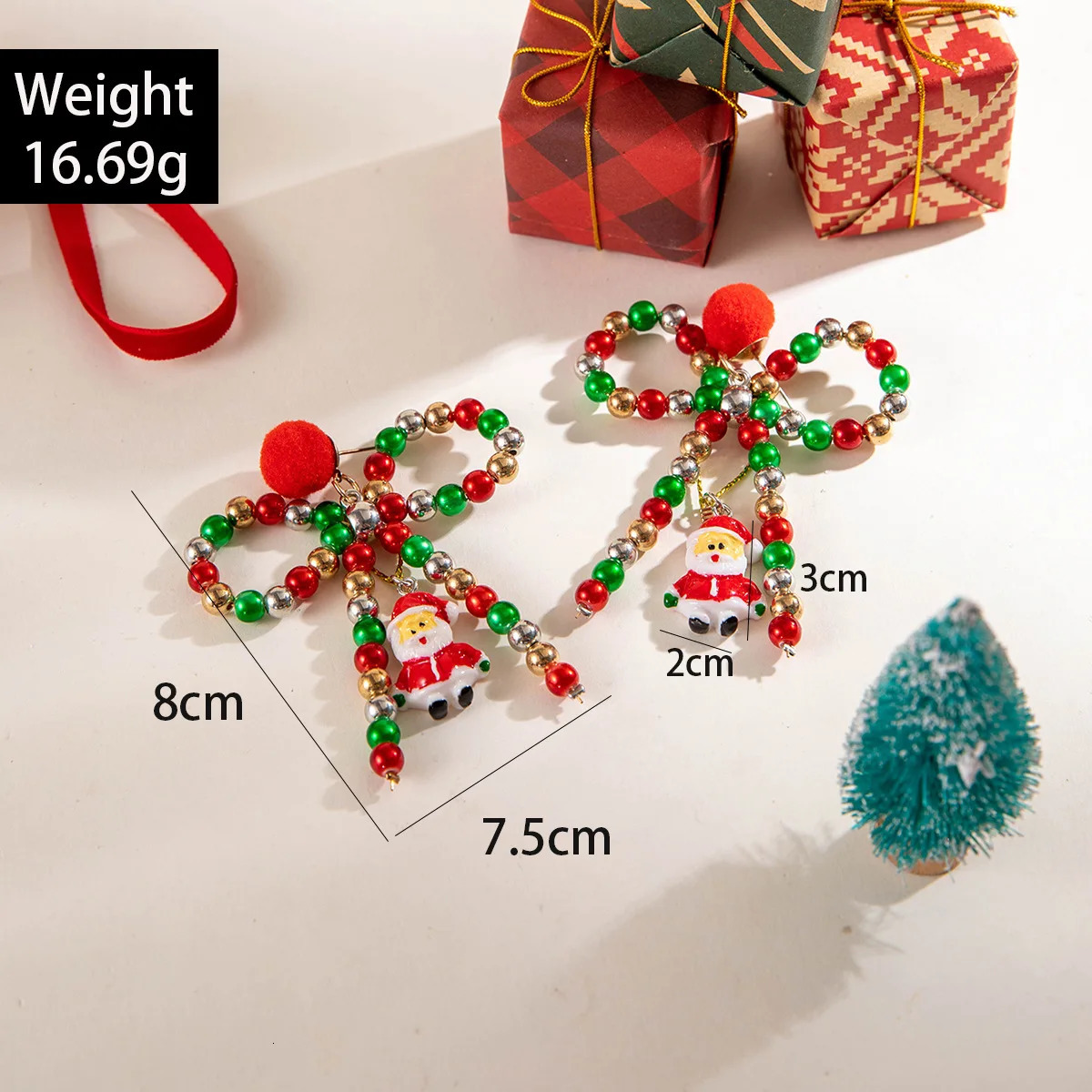 Earrings red bow Christmas tree cute handmade Colored beaded bow hair ball earrings 251131