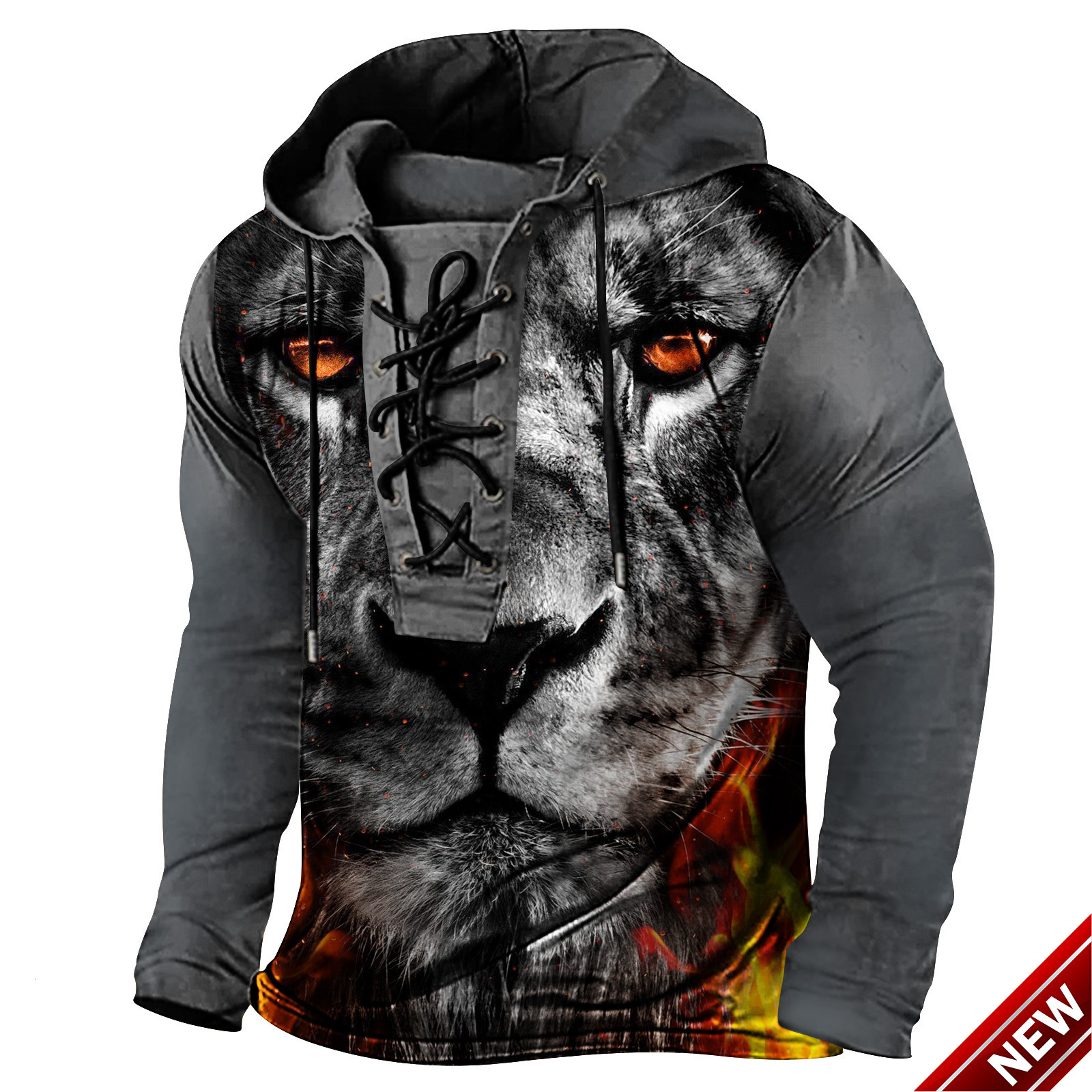 Spring mens printed hooded long sleeved T-shirt with oversized drawstring and headband for men