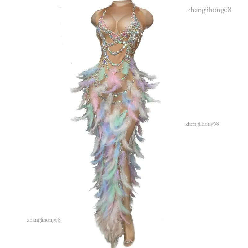 Casual Dresses Fashion Pearls Rhinestone Nude Party Evening Bodycon Dress Women Sleeveless Feather Club Prom Birthday Long