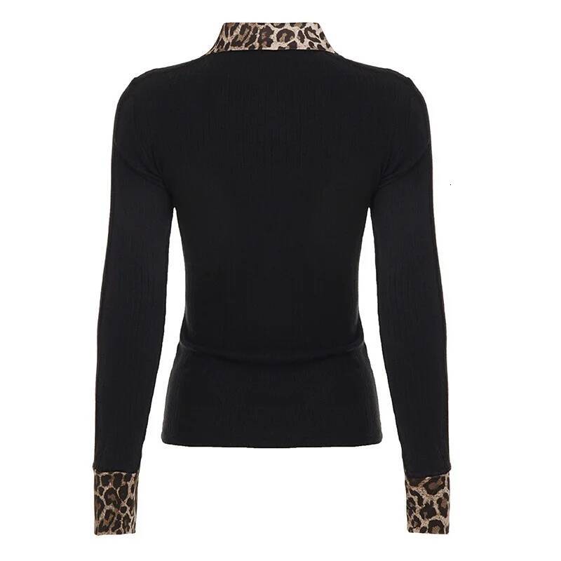 winter jacket women Y2K Style Leopard Print Splicing Neck Threaded Knitted Sweater Slim and Thin Spice Girls Women's Top