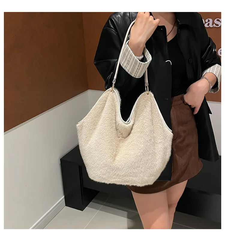 Winter Leopard Womens Plush Shoulder Bags Solid Color Faux Fur Female Casual Tote Handbags Large Capacity Ladies Furry Bag 251104