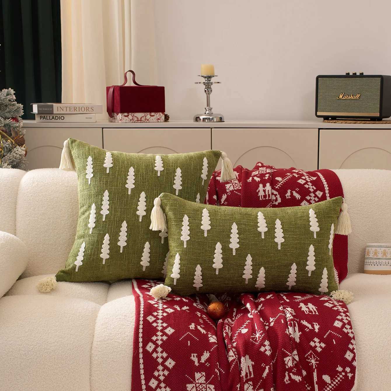 1PCS Black And White Christmas Tree Embroidered Canvas Pillow Cover Hanging Ear Design Decorative Cushion Cover for Holiday Home Y251105