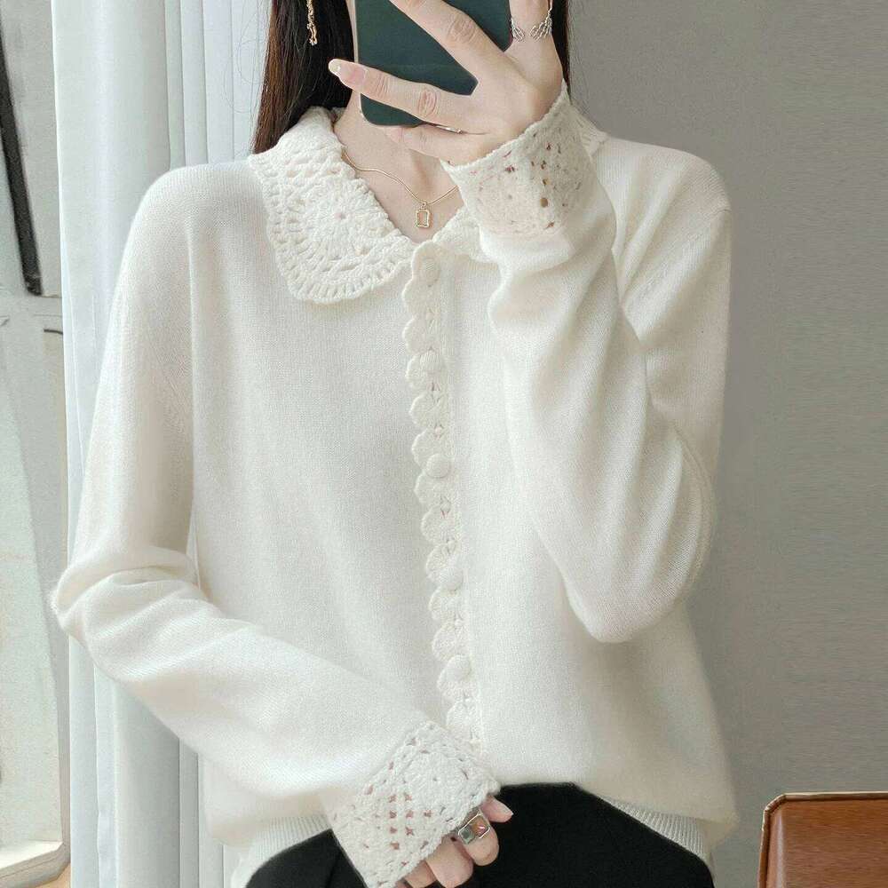 Women's Autumn Winter 100% Pure Wool Cardigan Polo Neck Embroidery Openwork Crocheted Loose Cashmere Sweater Coat Women Sweater Designer Sweater 