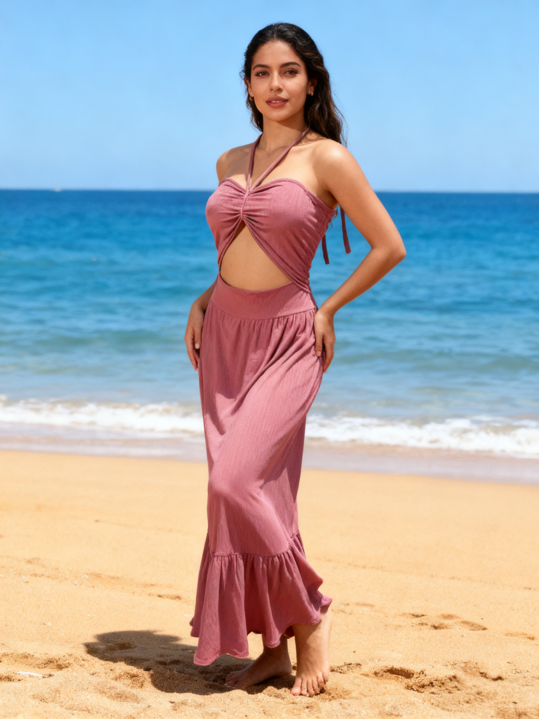 New Solid-Color European-Style South American Beach Resort Elegant Halter Neck Dress