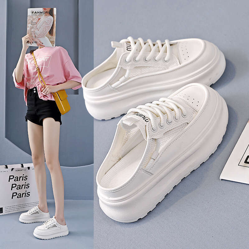 Thick soled half support slippers women, versatile and casual for outdoor wear, 2025 summer new breathable Baotou white shoes KT-2661