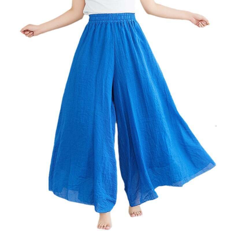 Summer New Mori Girl Artistic Plus Size Cotton Elastic Waist Linen Solid Color Ethnic Style Flared Pants Skirt B5