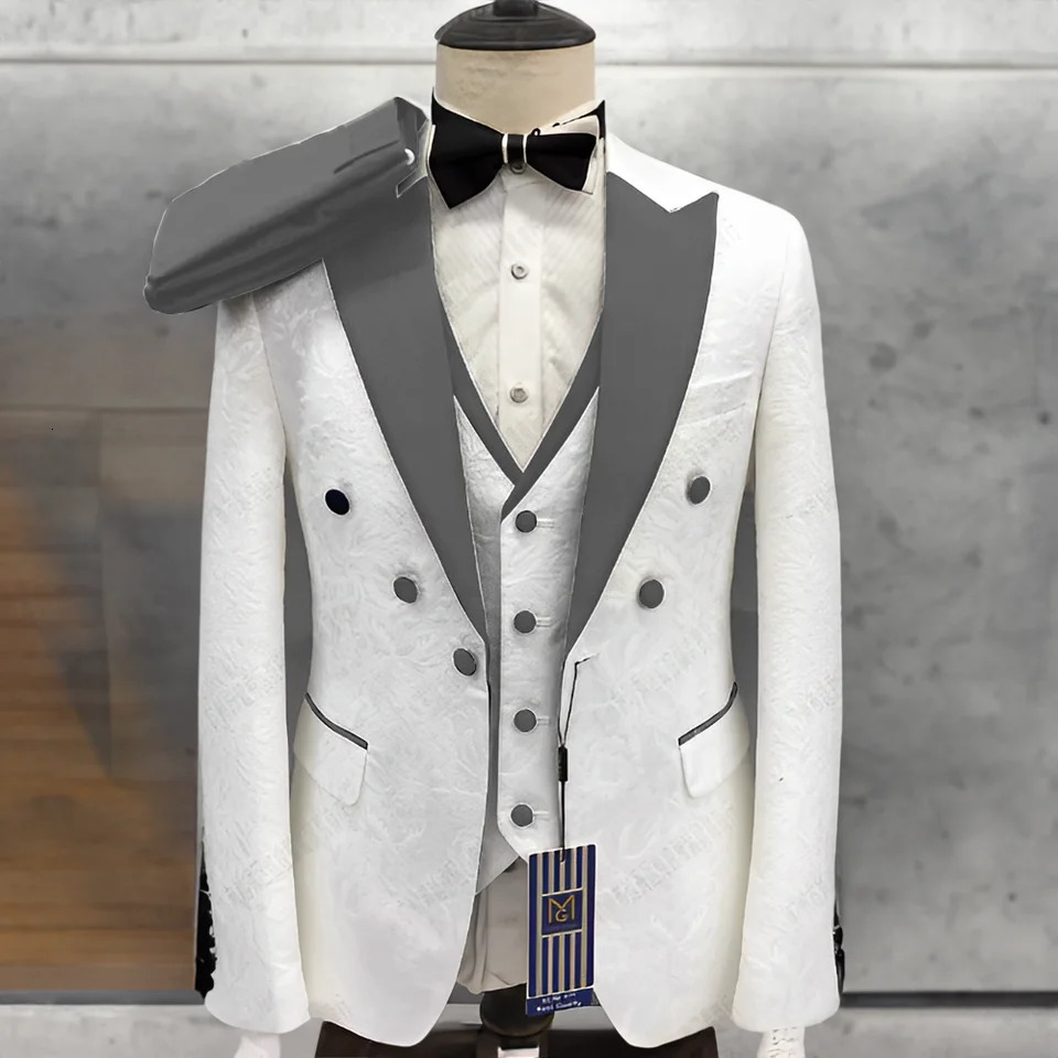 Elegant mens 3-piece jacquard jacket wedding evening dress groom jacket pants vest custom ultra-thin set 250402
