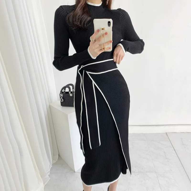 YuooMuoo Elegant Lace Up Turtleneck Knitted Long Dress Korean Fashion Khaki Black Rib Bandage Bodycon Sweater Dress Robe Femme J251105
