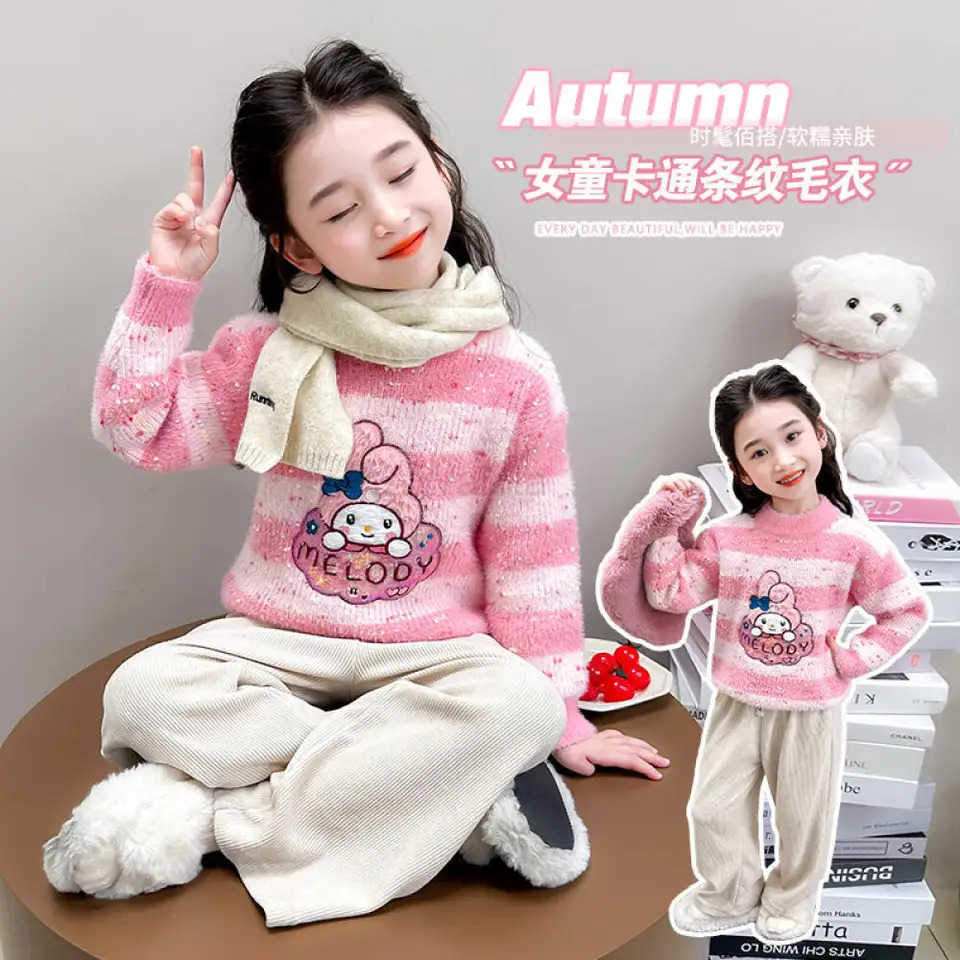 Sanrio Kuromi Sweater Autumn Winter New Baby Girl Cute Warm Velvet Thickened Knitted Base Shirt Pullover Childrens Clothing H251105
