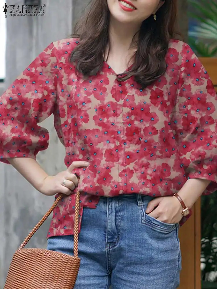 Vintage Party Holiday Blouse ZANZEA Women Bohemian Floral Printed V Neck 3/4 Sleeve Shirt Blusas Spring Casual Loose Tunic Tops 250325