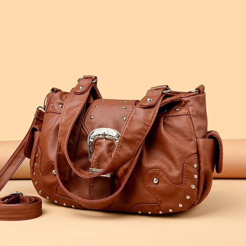 2025 Vintage Punk Shoulder Bags For Women Fashionable River Crossbody Bags Large Capacity Leather Tote Bags For Travel Daily 251031