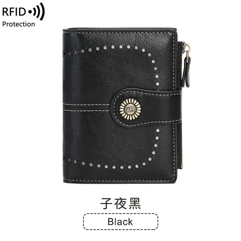 Cross-Border New RFID Anti-Theft Women's Multi-Card Slot Buckle Leather European and American Fashion Short Zipper Wallet