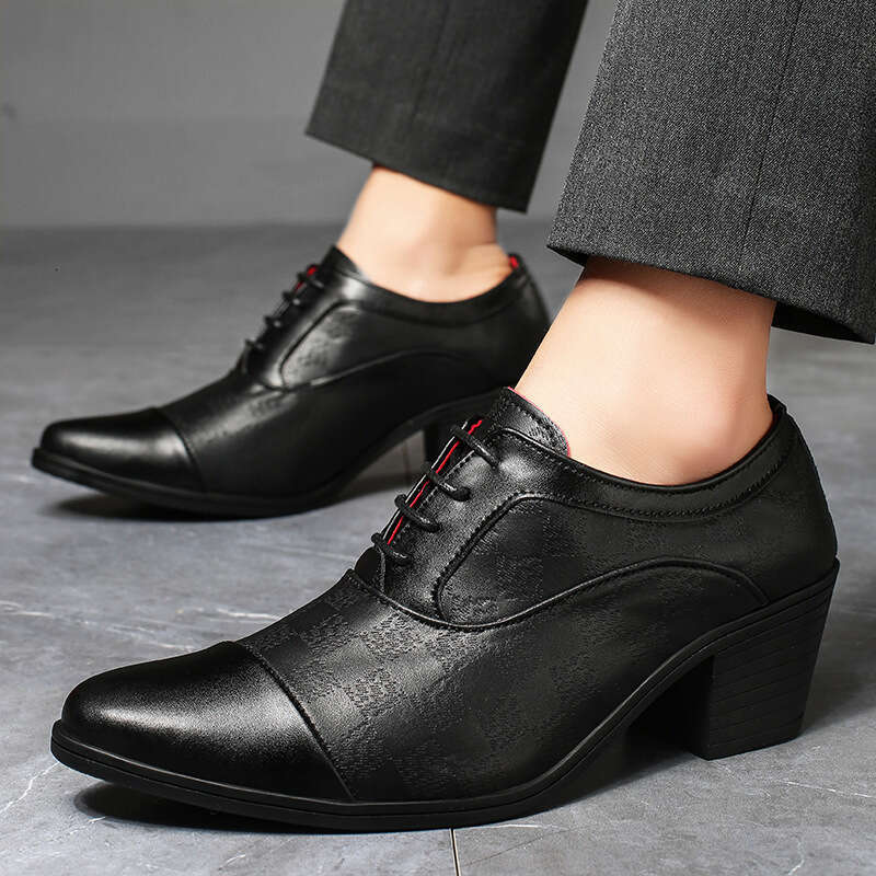 Large size thick heel height increased by 6cm leather pointed high heels 38-46 British casual personality trendy men's shoes