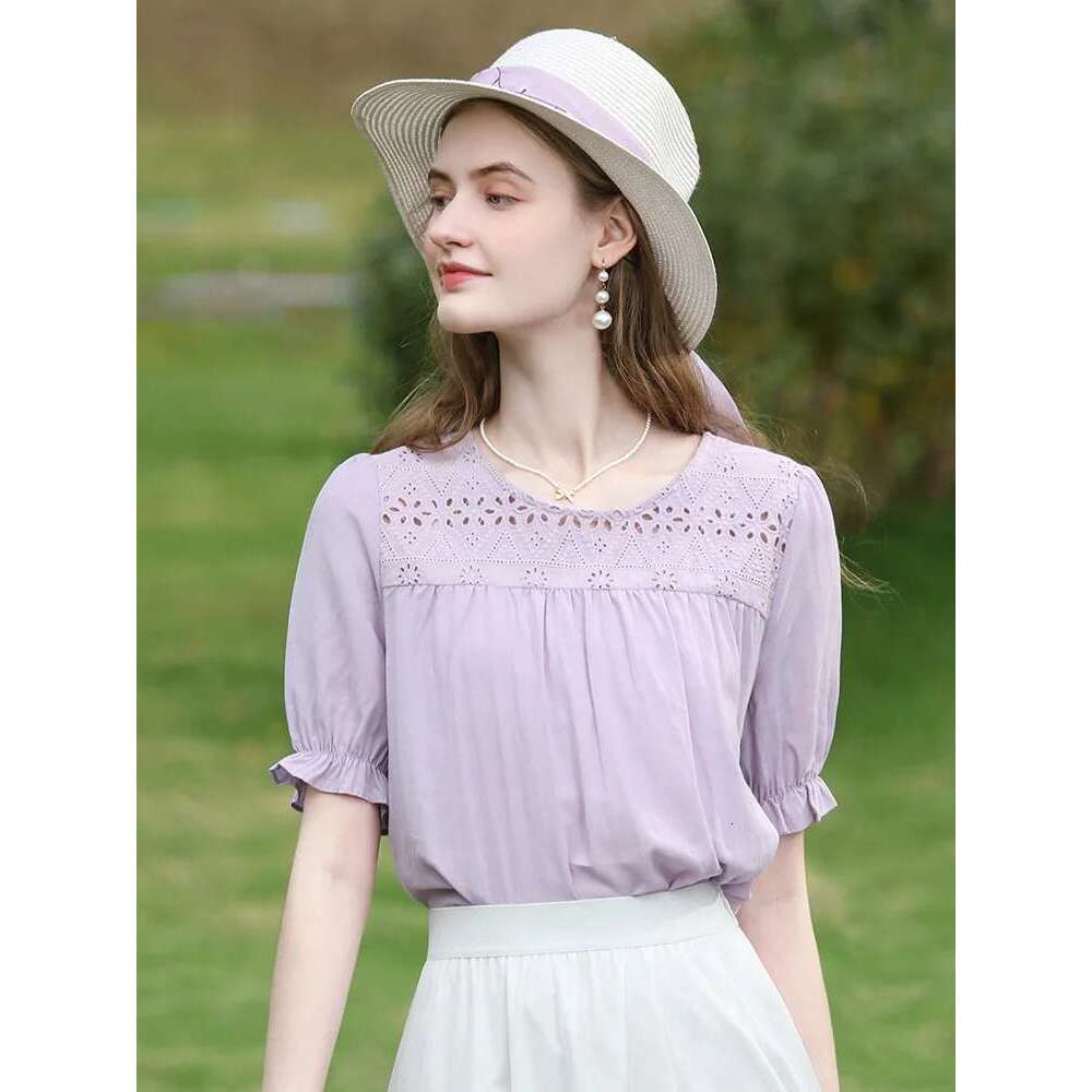 French Hollow Out Embroidery Ruffled Short Sleeve Women Shirts Summer New Temperament Retro Blouse