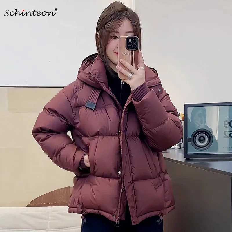 Schinteon Women White Duck Down Jacket with Hood Autumn Winter Warm Outwear Korean Style Over Size Loose Solid Color Coat 2025T251105