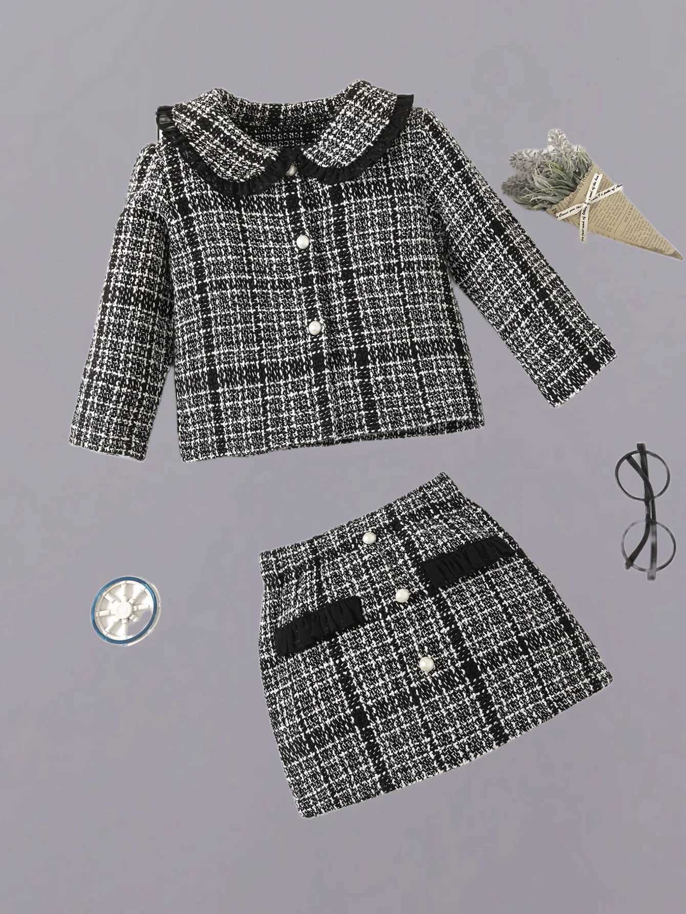 Fashionable plaid suit for girls - classic black and white color matching elegant lace collar jacket and A-line skirt Y251105