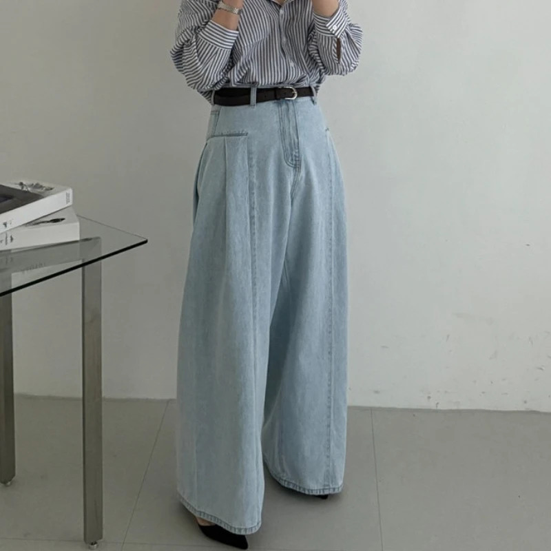 REALEFT SpringSummer Retro Folded Denim Wide Leg Pants High Waist Street Wash Casual Full Length Jeans for Women 250403