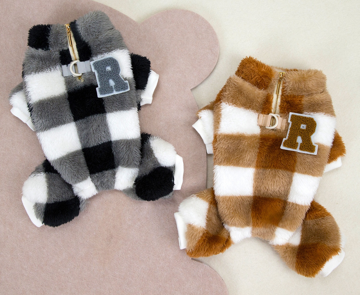 Plush Checkered Pet Dog Sweater Jumpsuit with Zipper & R Patch, Warm Fleece Onesie Sweater for Small Medium Dogs, Stylish Pet Apparel with Leash D-Rin