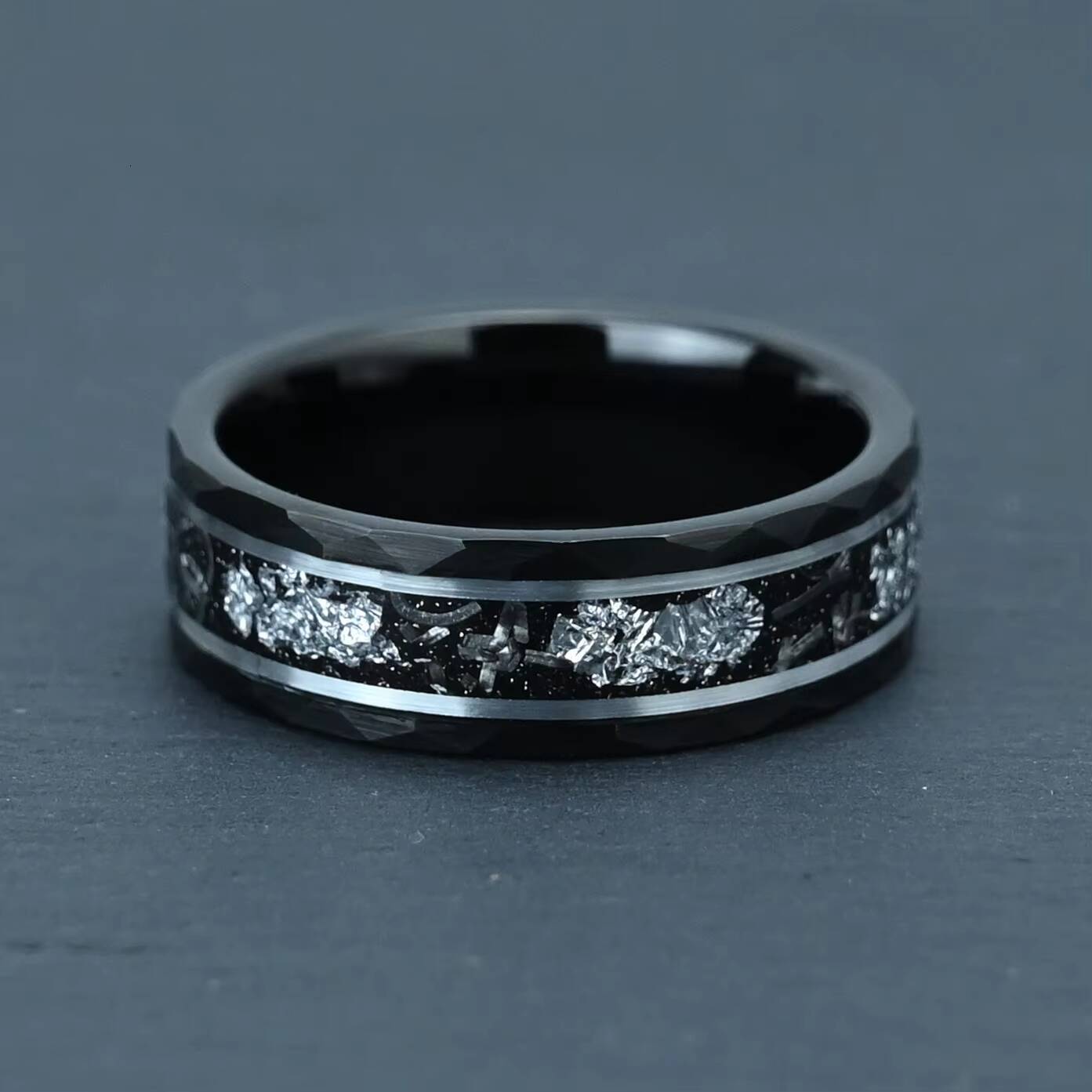 8mm Black Hammered Tungsten Silver Leaf and Meteorite Inlay Ring Vintage Luxury Wedding Band for Men Luxury Wedding Band