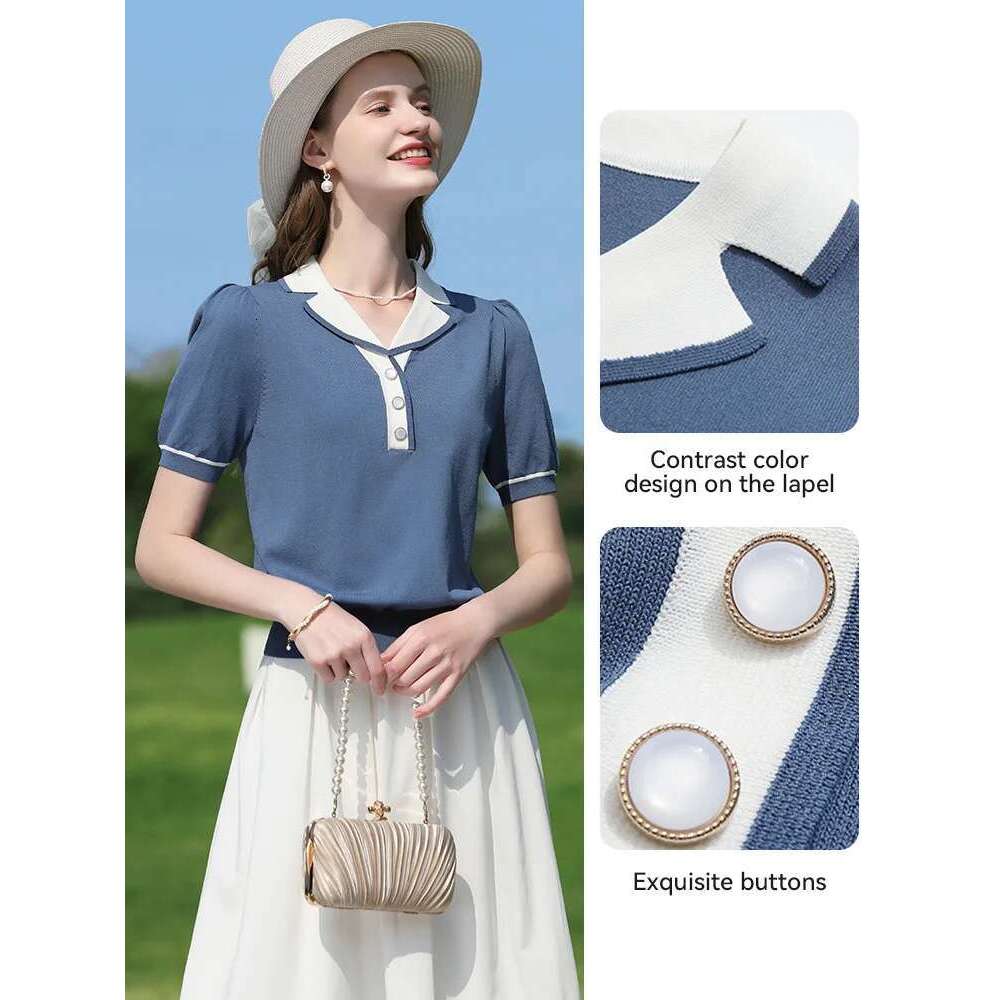 French Retro Lapel Short Wool Knitted Tees 2025 Summer Waist Temperament Tops Puff Sleeve Top