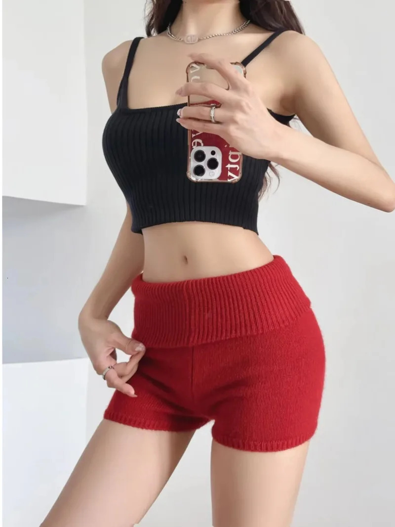 Sexy Womens Low Waist Knitted Shorts with Wrap Button Double Fold Tight Fit Ultra Thin Solid O3WG 250401