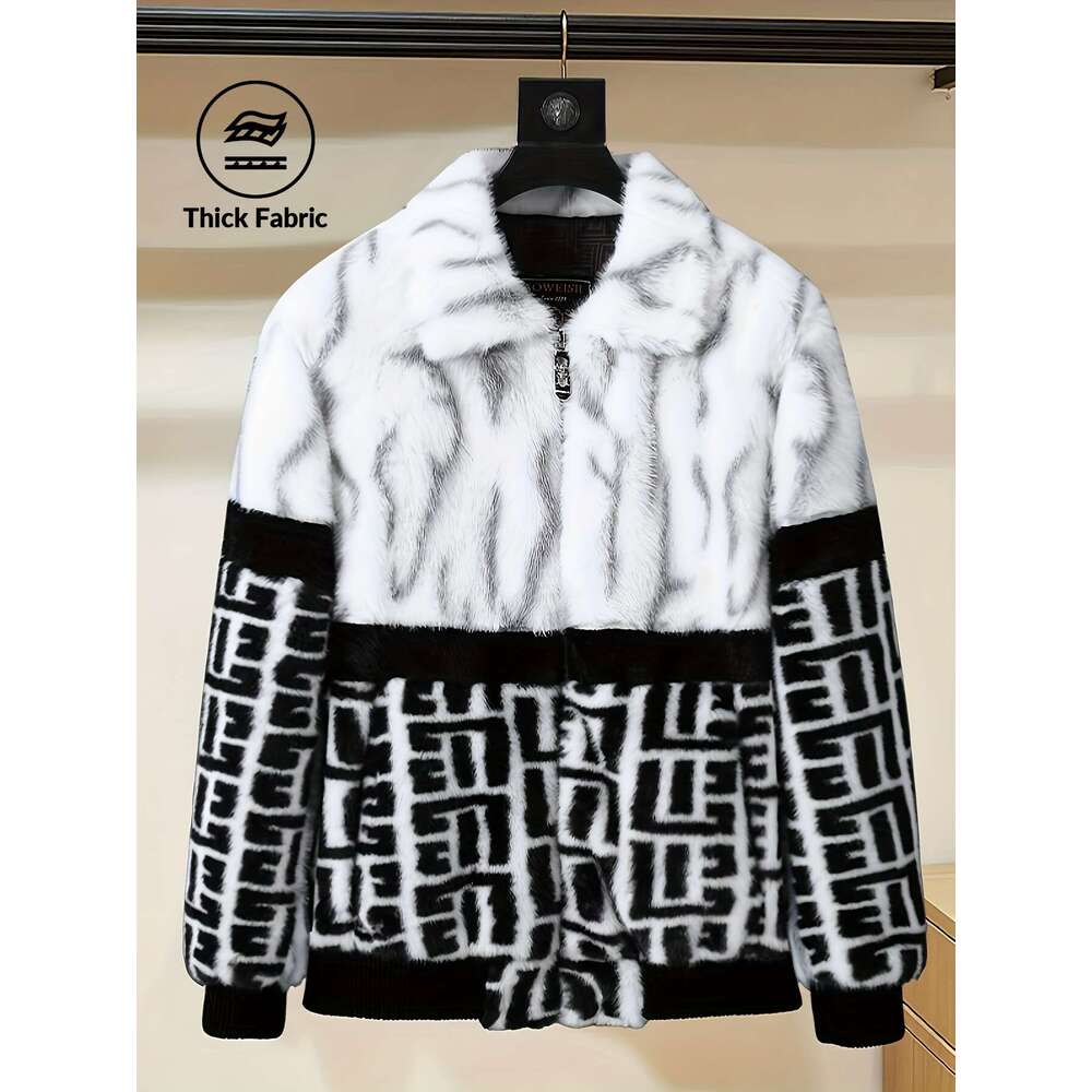 Men's Winter White Black/Gray -Like Jacket - Lapel Collar Full-Zip Coat With Imitation Fox Hood-Like, Hand Washable Cold-Weather Outerwear For Ca