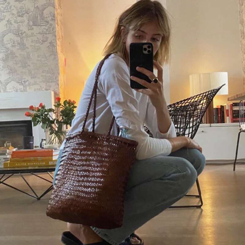 Japanese top layer cowhide hand retro leather woven bucket Single shoulder vegetable basket bag female
