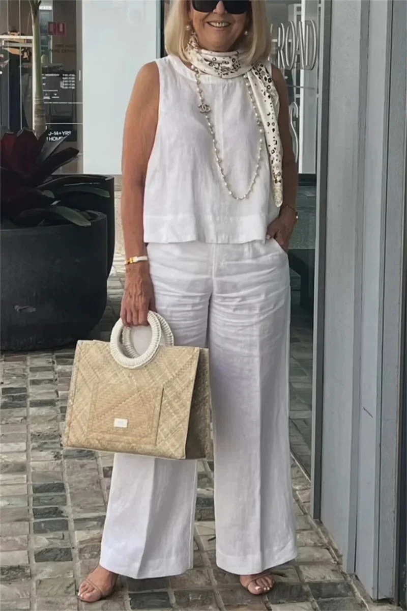 European and summer fashion simple sleeveless solid color cotton linen two-piece set 250401