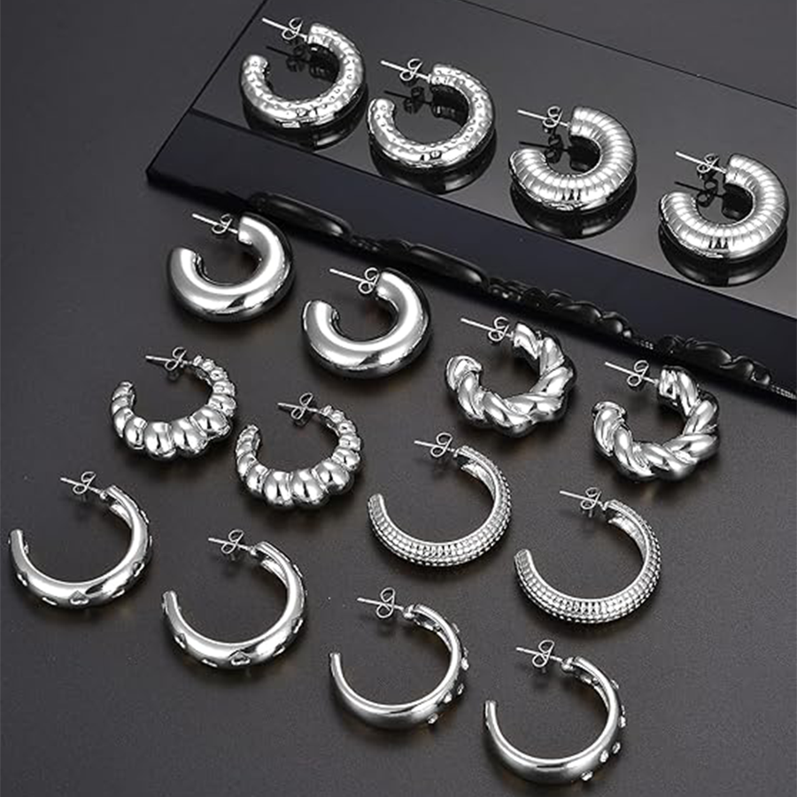 8 Pairs Chunky Hoop Earrings Sets for Women Lightweight Twist CZ Open Huggie Hoops Minimalist Thick Cartilage Hollow Earring Piercing Jewelry Gift Sil