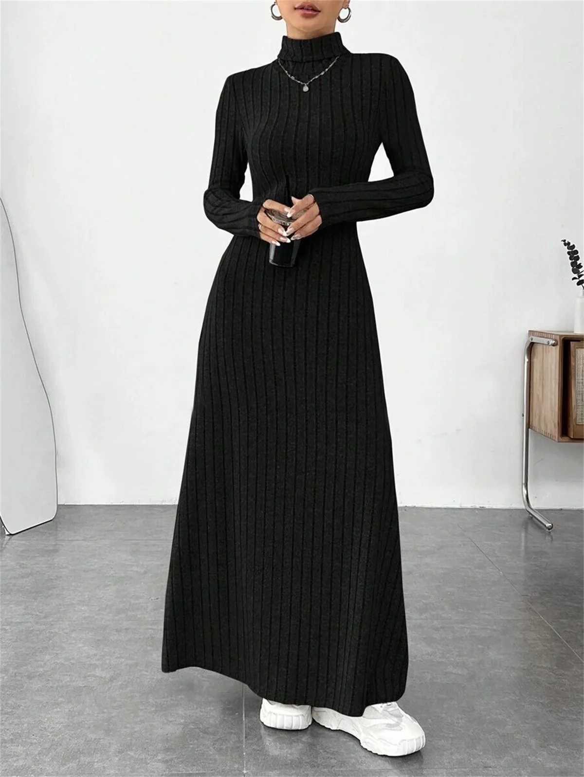 Knitted Elegant Long Sleeve Dress Women 2025 Autumn Winter Vintage Dresses Turtleneck Fashion Solid Vestidos Casual Street Y2K J251105