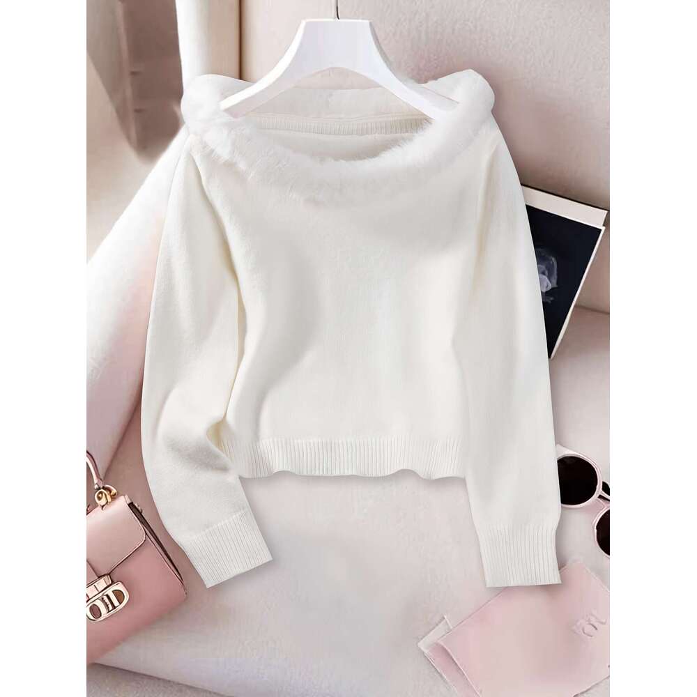 Women's French-Inspired Elegant Off-The-Shoulder Sweater With Faux Fur Trim - Soft Pink Long Sleeve Top, Medium Stretch For All-Season Casual & F