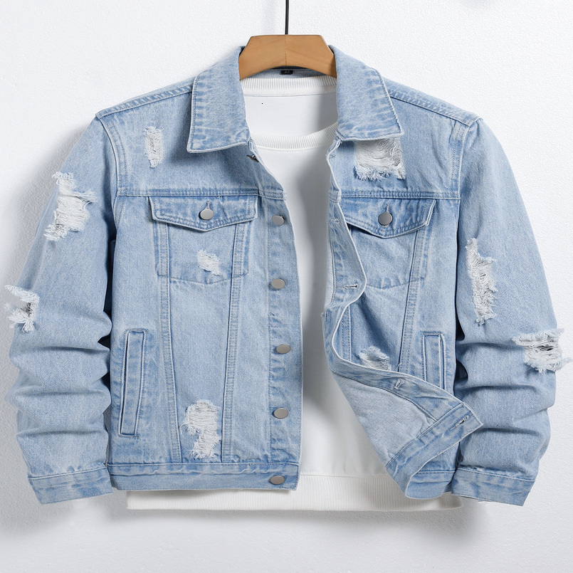 Mens light blue ripped denim jacket Stylish and trendy Street casual 251023