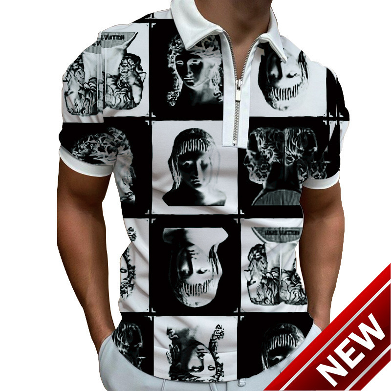 Spring mens printed fashionable casual fashion polyester short sleeved zipper polo shirt mens T-shirt