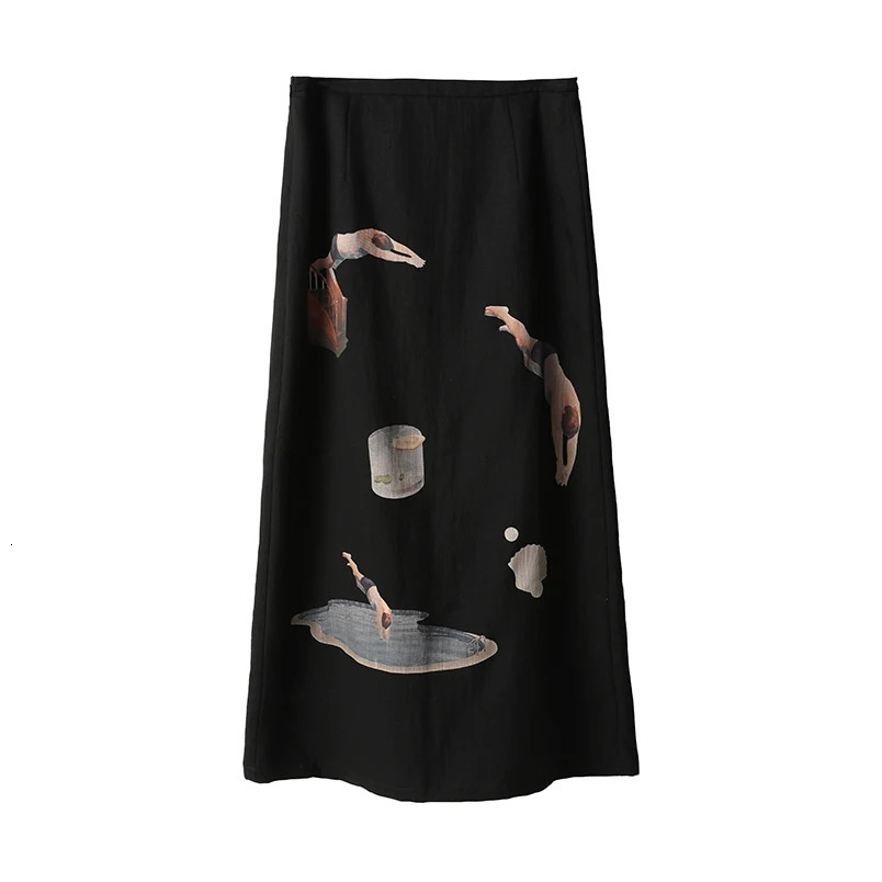 Wiener tags summer A-Line skiing women print mid waist long skiing women retro casual straight skiing fun pattern WA017 250402