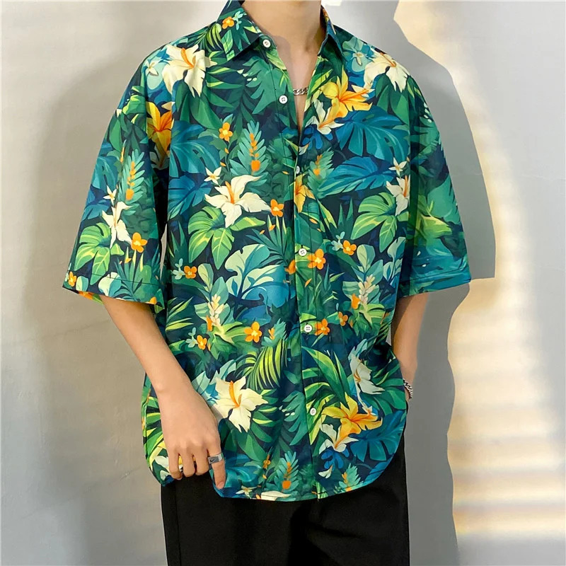 3D printed Hawaiian shirt mens short sleeved tropical Tiki style casual loose beach shirt summer floral Aloha shirt mens 250403