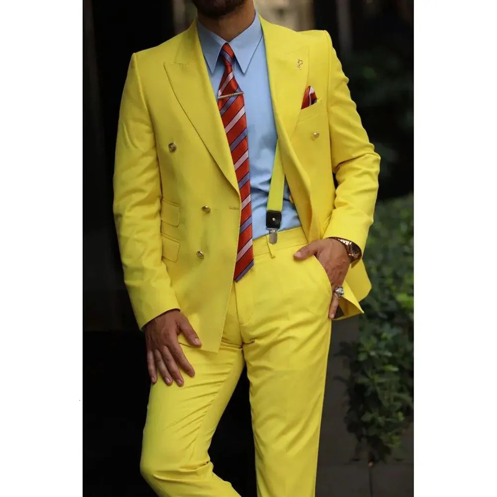 Fashion yellow mens double chest notch collar 2-piece jacketpants clothing mens wedding party office jacket set 250402