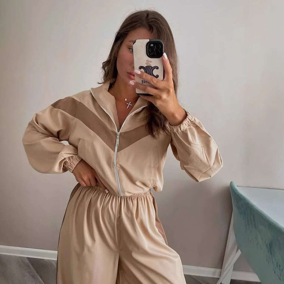 Fashion Casual European American Long Sleeve Color Block Sports Cardigan And Pants Set Street Style Outfit B5