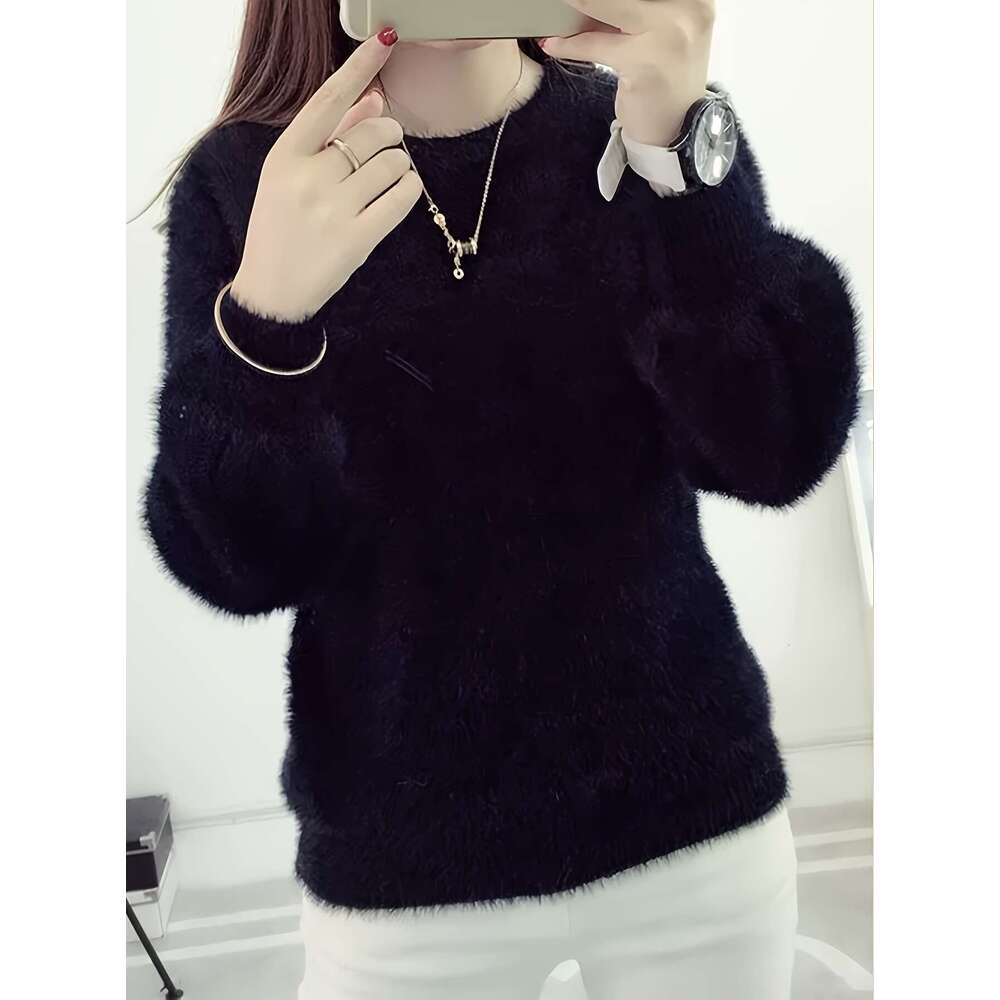 Lavender Sweater Faux Fur Women's Sweater | Loose Fit Thick Long Sleeve Round Neck Top, All-Season Elegant Casual & Formal Comfortable Winter Wea